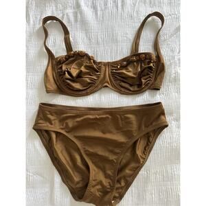 DKNY Brown Bikini Embellished Full Coverage Old Money Resort Beach Pool Size 10